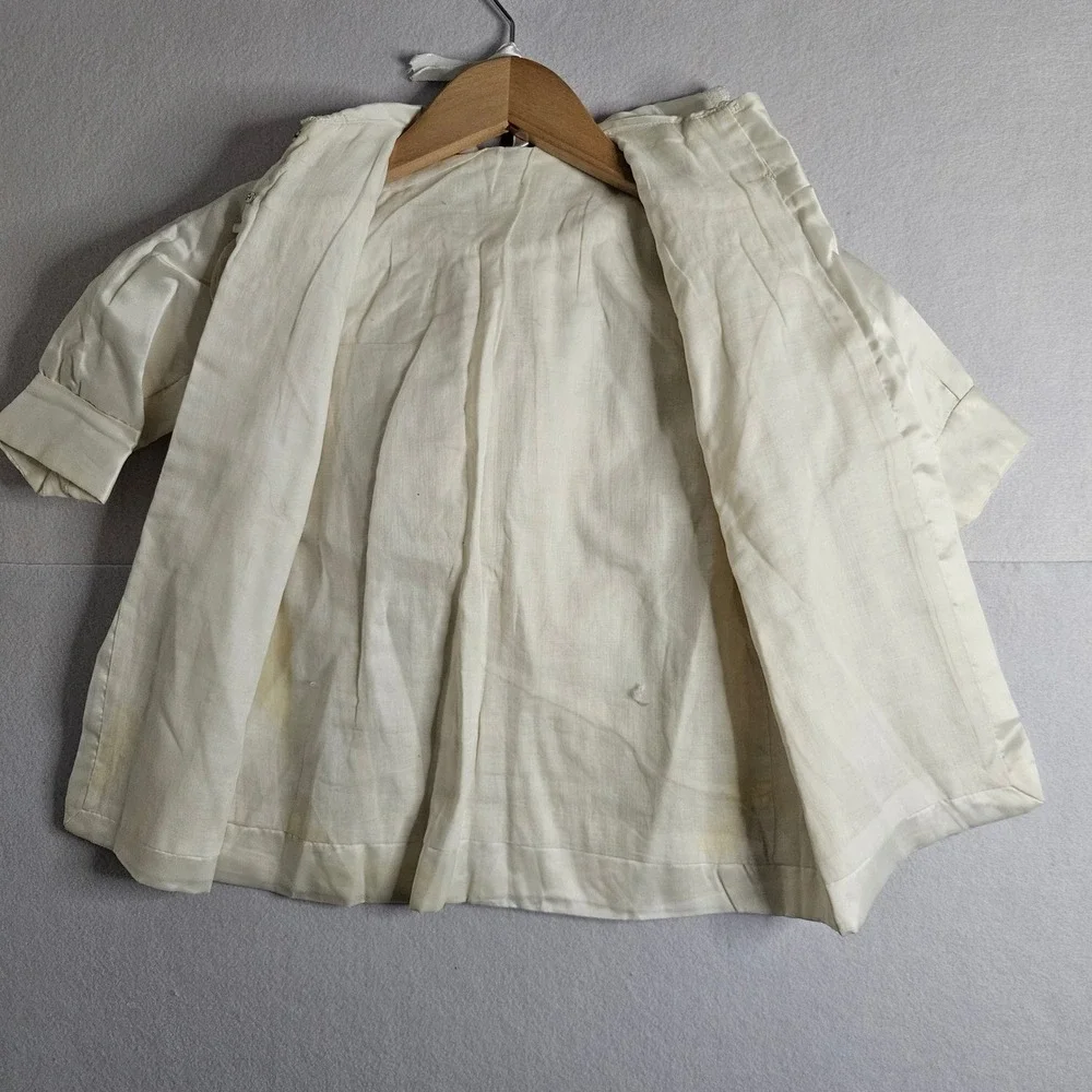 Vintage Ivory Satin Christening Gown Set Coat Bonnet Lace Smocked Baptism 6-9mos